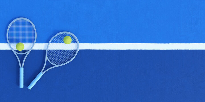 Two tennis rackets with balls arranged on a blue court line creating a modern sport composition for contemporary poster design and advertising layout concept. 3D Rendering