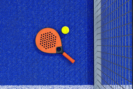 Padel racket and ball lying on bright blue court surface beside metal fence line creating dynamic sports equipment composition. 3D Rendering