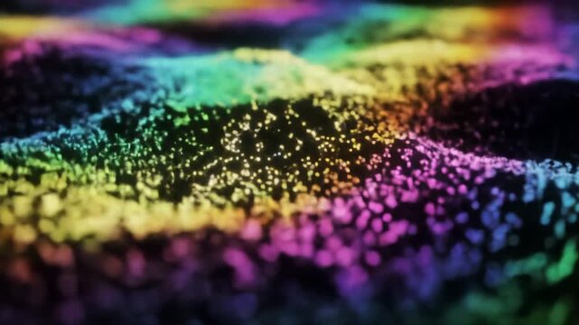 Iridescent holographic surface with shimmering rainbow glitter in wavy patterns against deep space, slow dolly push-in, bokeh. Concept of AI processing