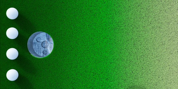 Minimalist golf scene with three balls aligned beside a putting hole on vibrant green turf, offering wide empty space for modern design use. 3D Rendering