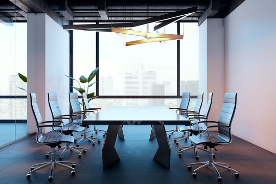 Modern conference room with sleek table, ergonomic chairs, large windows, city view, contemporary interior and bright lighting. 3D Rendering