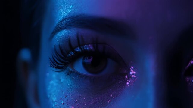 Close-up of a human eye adorned with shimmering glitter and illuminated by vibrant blue and purple neon lights, creating a captivating and futuristic beauty aesthetic