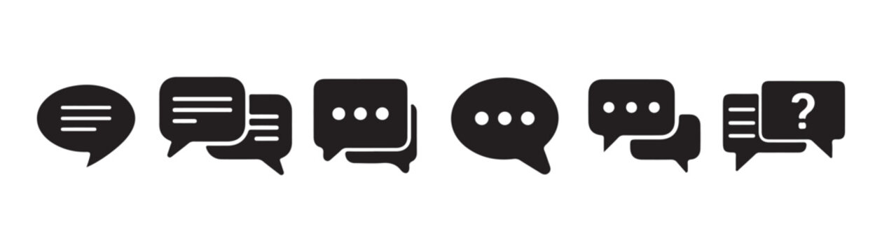 Solid chat bubble icon set for messaging and social media communication black speech cloud shapes.