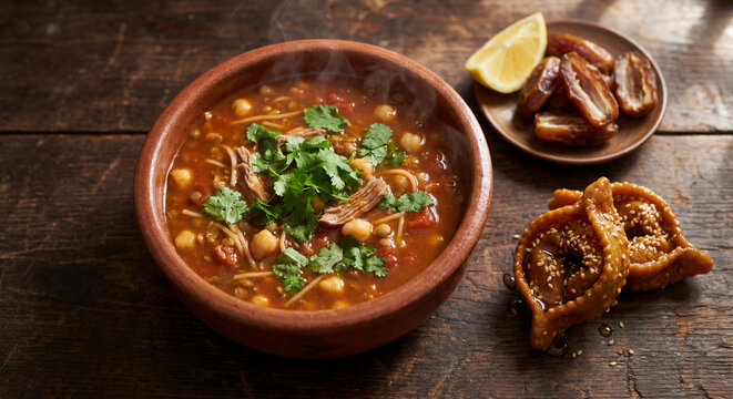 Authentic Moroccan Harira Traditional Ramadan Soup with Lamb Chickpeas Lentils and Vermicelli Served with Dates Lemon and Chebakia Honey Pastry