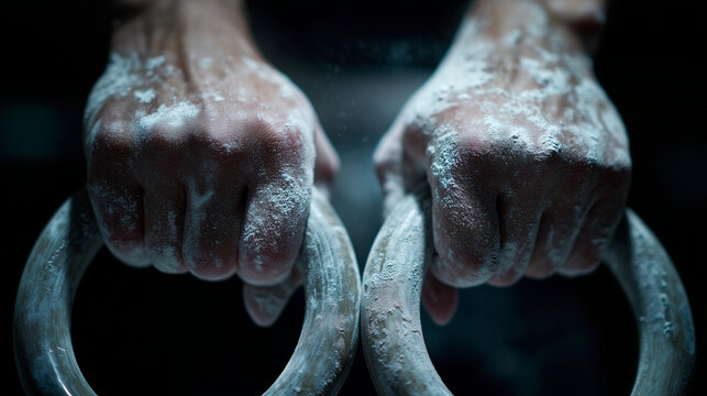 Ai Hands gripping gym rings with chalk for support before a workout session focusing on strength and fitness training