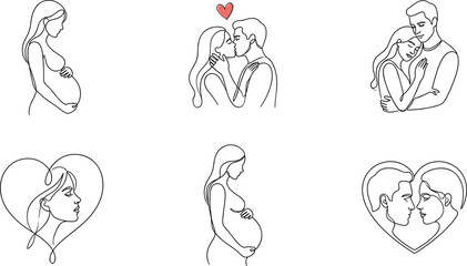 Obraz premium Love and family line art illustration collection featuring pregnancy, affection, couples, hearts, emotional bonding, and relationship concepts