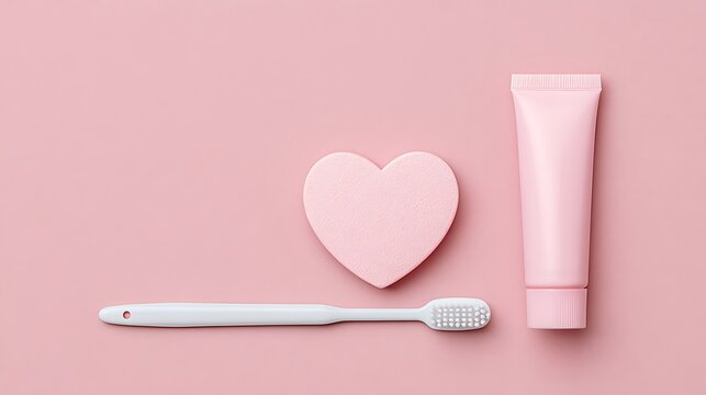 Minimalist oral hygiene concept with toothbrush, toothpaste tube and heart shape