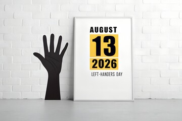 Minimalist vertical poster display showing the date august thirteenth two thousand twenty six next to a black left hand cutout silhouette celebrating the annual awareness event for left handed individ