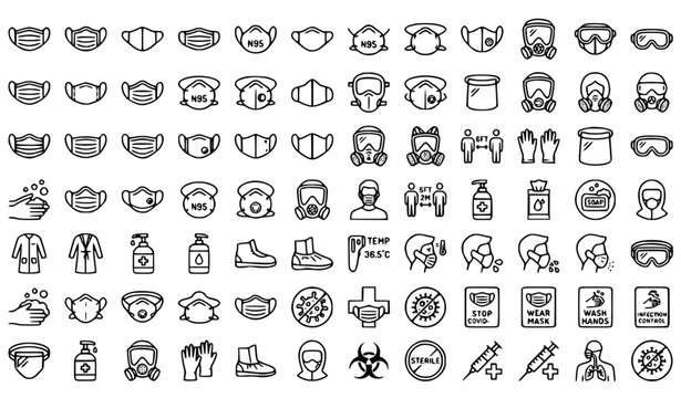 Medical safety face mask outline icon collection vector illustration