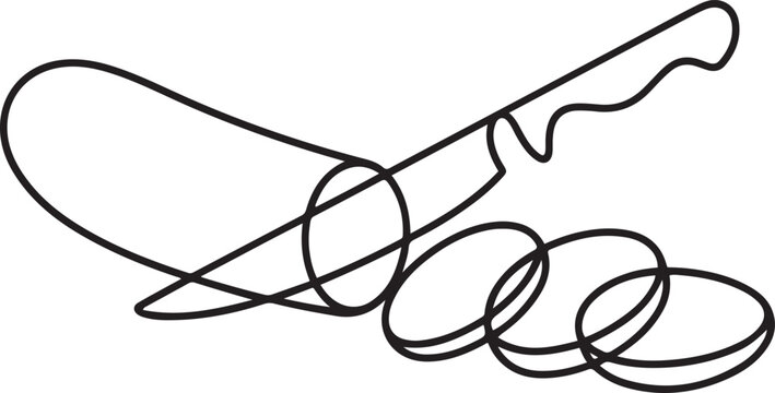 A single, continuous line depicts a cucumber being sliced ​​into pieces. one line Art icon drawing vector