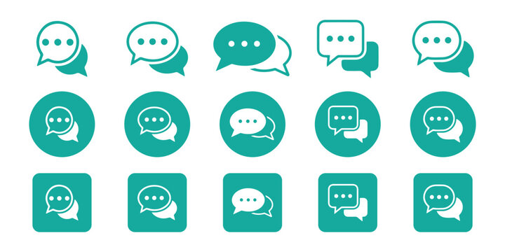 Teal chat bubble icons in circles and squares for communication.