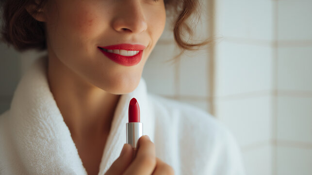 Woman applying red lipstick while wearing a white bathrobe. Close up of female lips with makeup. Daily beauty routine, skin care concept, morning preparation, cosmetic and fashion theme.