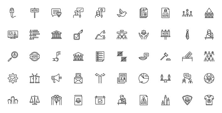 Democracy icon set. Political vector icons pack. Featuring microphone, vote, freedom of speech, ballot, candidate, parliament, debate, gavel, justice scale, meeting, newspaper, and more. Editable stro