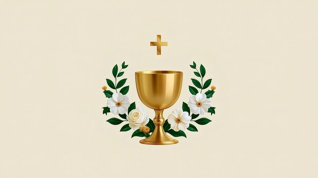 Golden chalice with cross and white flowers symbolizing holy communion