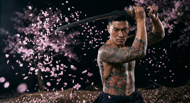 Athletic Japanese man with traditional irezumi tattoo holding katana sword with scattering cherry blossoms.