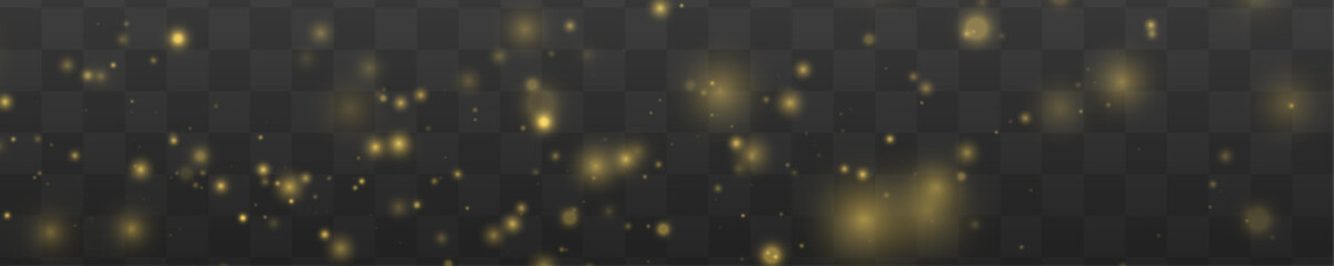 Obraz premium Yellow sparkle with glow, glitter dust and shimmer in soft bokeh light. Magical particle, festive stardust, twinkle and highlights. Glare, lens flare, sparks and flare PNG vector illustration.
