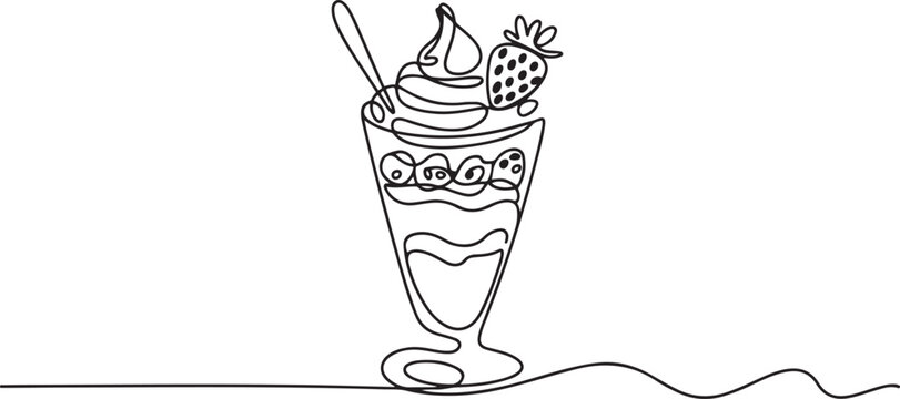 Continuous one line drawing chocolate parfait in a glass with various layers. Fresh summer drink. one line Art icon drawing vector