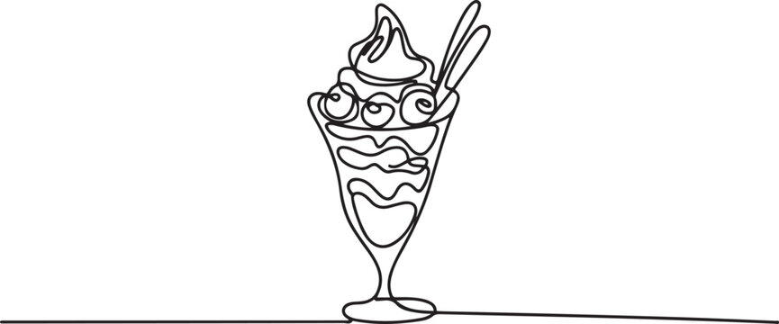 Continuous one line drawing chocolate parfait in a glass with various layers. Fresh summer drink. one line Art icon drawing vector