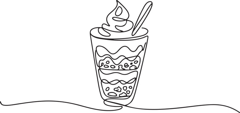 Continuous one line drawing chocolate parfait in a glass with various layers. Fresh summer drink. one line Art icon drawing vector