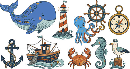 Nautical sea life illustration set with decorative whale lighthouse octopus anchor fishing boat crab seahorse and seagull icons for children nursery decor and marine designs. © Najmus Shakib