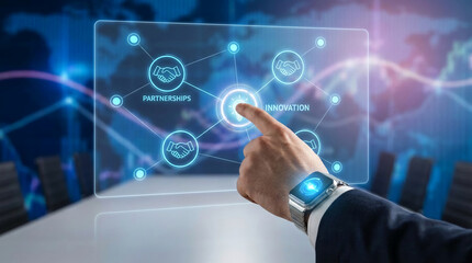 Fototapeta premium A hand interacts with a digital interface showing partnerships and innovation, symbolizing business connection and growth, ideal for corporate concepts.