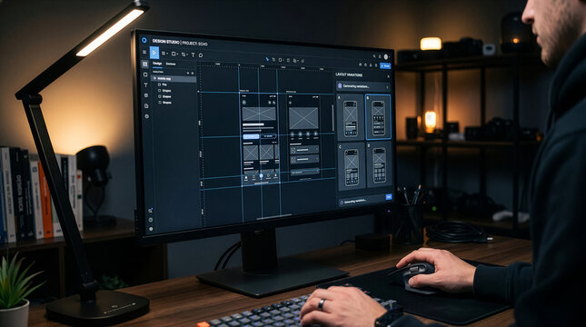 Creative Individual Examining Display Prototypes on Computer Screen in Focused Interior Setting
