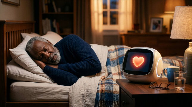 Elderly gentleman resting peacefully in bed with a glowing heart shaped screen technology