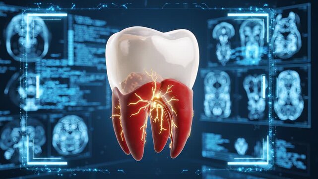 Realistic human tooth model with glowing internal root nerves on futuristic digital medical interface background, concept for dental healthcare, stomatology research and medical technology