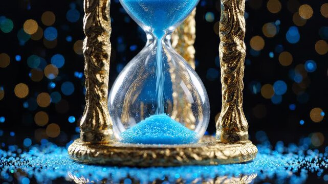 Golden ornate hourglass with flowing blue sand on dark background with bokeh lights and scattered particles, concept for deadline management, business efficiency and time investment strategies