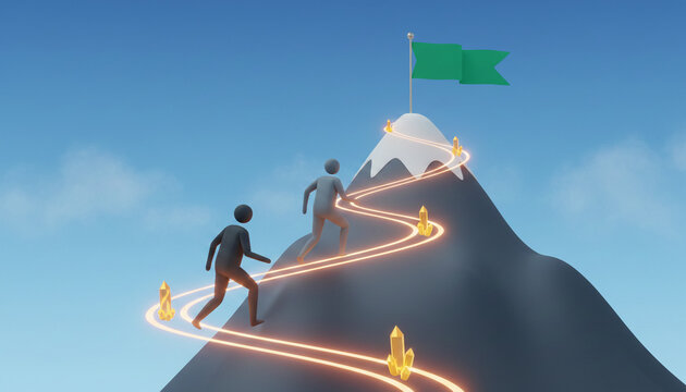 Stylized figures ascend a mountain path marked by glowing crystals and a green flag, symbolizing achievement, progress, and the journey to success
