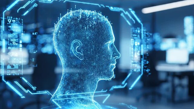 Futuristic digital human head 3D wireframe glowing in blue HUD interface on blurred office background, concept for artificial intelligence, biometric security and facial recognition software