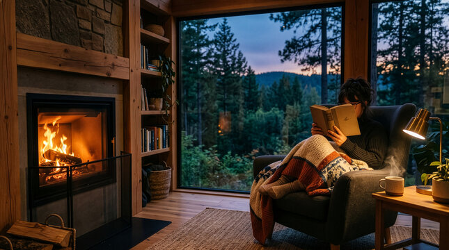 Individual Reading Book in Cozy Room with Large Window View of Nature and Forest