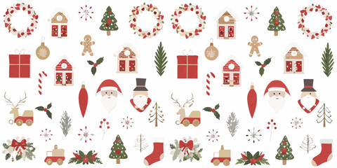 Christmas Ornament Pattern With Santa Trees And Holiday Decorations © Polash