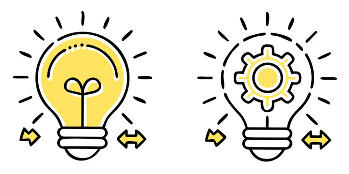 Lightbulb And Gear Icon Yellow Outline On Black Background