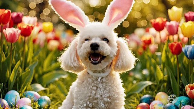 Adorable White Poodle Wearing Bunny Ears in a Tulip Field with Easter Eggs.