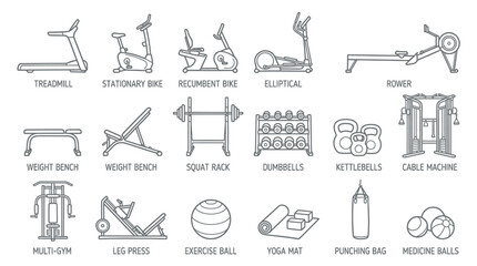 Gym Equipment Icons Fitness Tools. © Micahel
