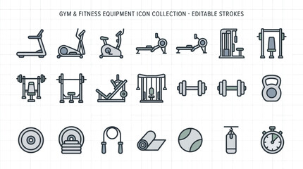 Gym fitness equipment icons collection. © Micahel