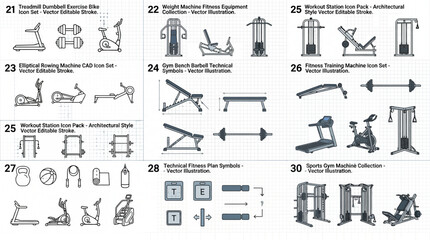 Gym equipment icons set collection. © Micahel