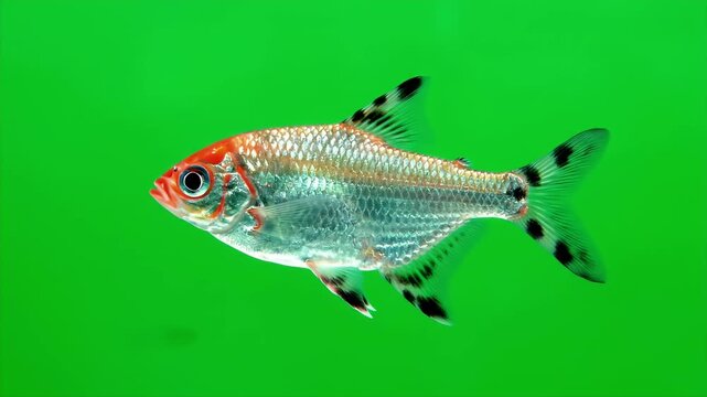 Close-up of a Red-nosed Tetra Fish Swimming Gracefully in Green Screen Background