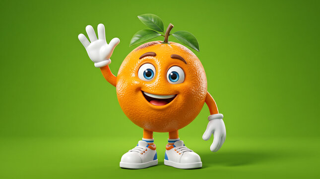 Cute 3D Orange Fruit Cartoon Character Waving Hand - Happy Mascot Illustration Isolated on Green Background