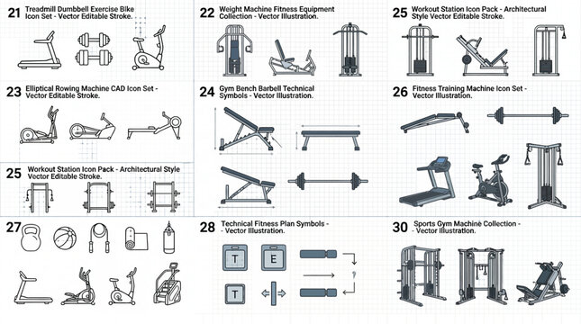 Gym equipment icons set collection.