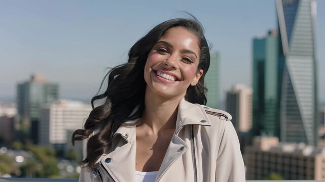 Hispanic woman with long dark hair smiling charmingly, standing confidently in front of a modern city skyline with tall skyscrapers