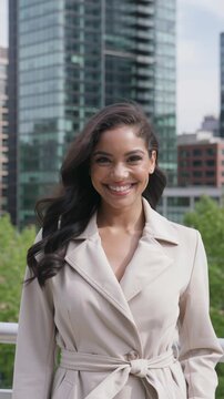 Smiling Hispanic woman in beige coat standing in modern urban city, vertical shot