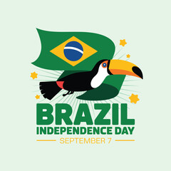 Naklejka premium Brazil Independence Day with a toucan, waving the Brazilian flag, and yellow stars on a light green bird