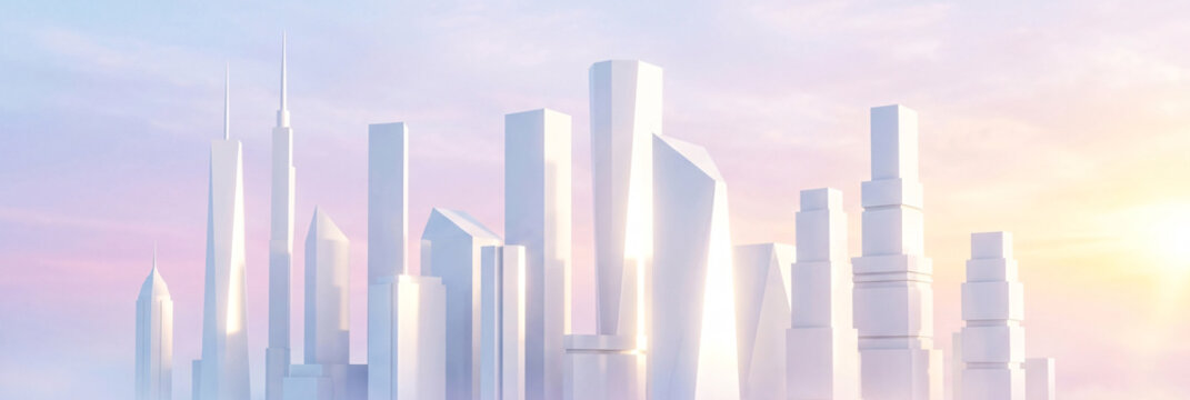 Modern white skyscrapers futuristic city skyline with soft light.