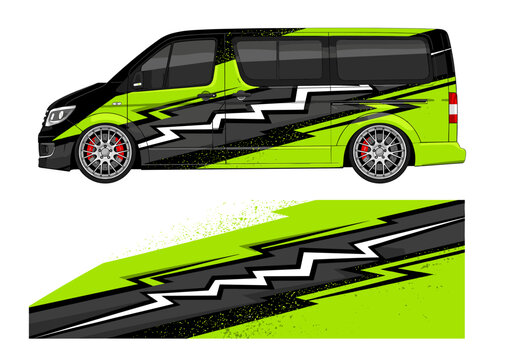 Bright green van with jagged lightning bolt graphic wrap.
