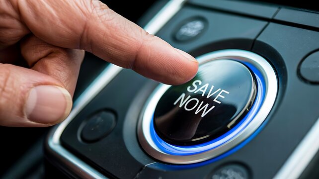 Finger pressing save now button on modern car dashboard control panel