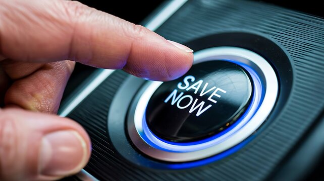 Finger pressing save now button representing digital technology data storage and online security concept