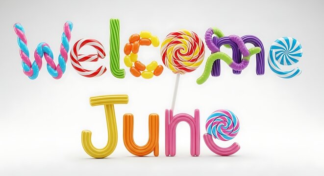 Colorful rainbow text welcome June celebration design.