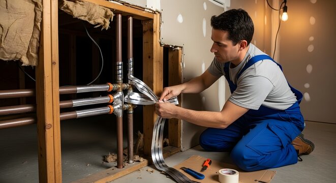 A man in blue overalls working on pipes in a room under construction with tools and materials scattered around him carefully wrapping insulation